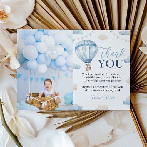 Blue Brown Bear Boy Birthday Photo Thank You Card