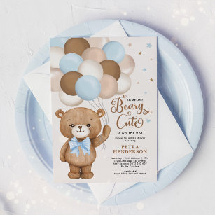 Blue Brown Beary Cute Teddy Bear Boy Baby Shower Invitation
