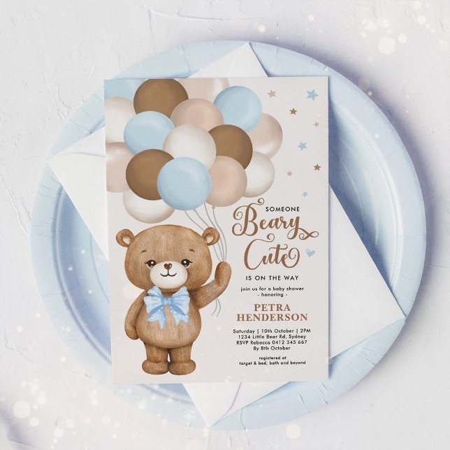 Blue Brown Beary Cute Teddy Bear Boy Baby Shower Invitation (Creator Uploaded)