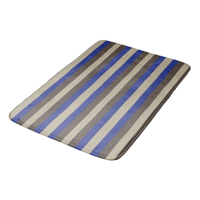 Blue Brown Beige Vertical Stripe Bath Mat (Angled)