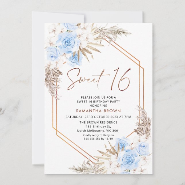Blue Brown Boho Pampas Grass Sweet 16 Birthday Invitation (Front)