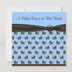 Blue Brown Bow Tie Baby Carriage Boy Shower Invitation