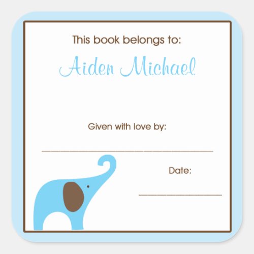 Blue Brown Boy Elephant Baby Shower Book Plate