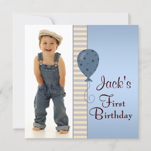 Blue Brown Boys Photo 1st Birthday Party Invites