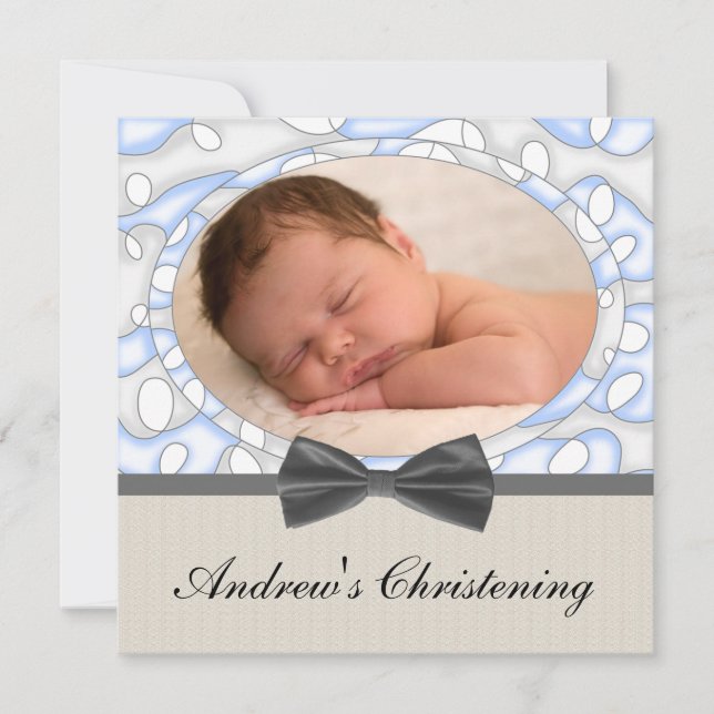 Blue Brown Boys Photo Christening Invitation (Front)