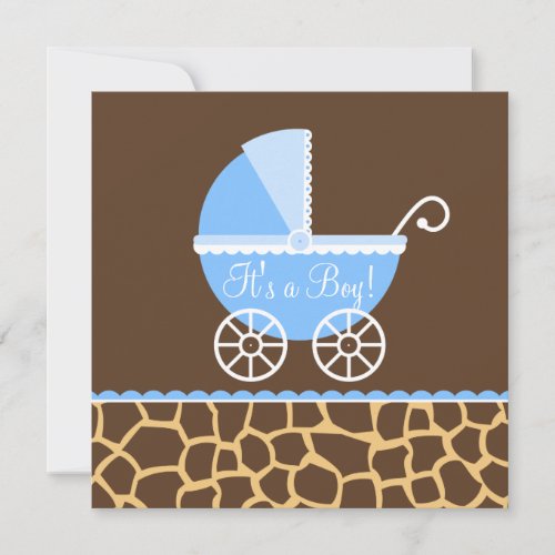 Blue Brown Carriage Giraffe Boy Baby Shower Invitation