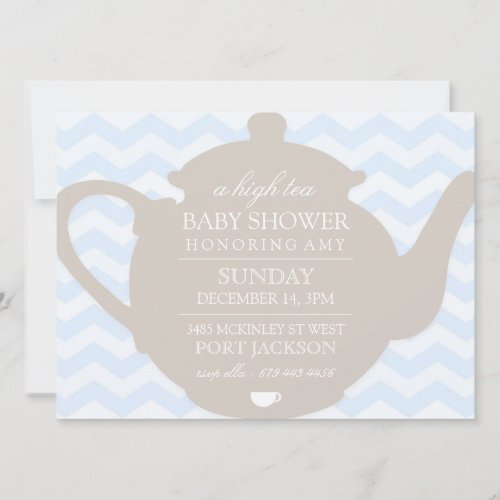 Blue &amp; Brown Chevron High Tea Baby Shower Invite