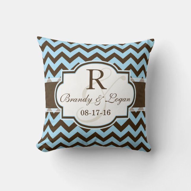 Blue & Brown Chevron Stripes Wedding Throw Pillow (Front)