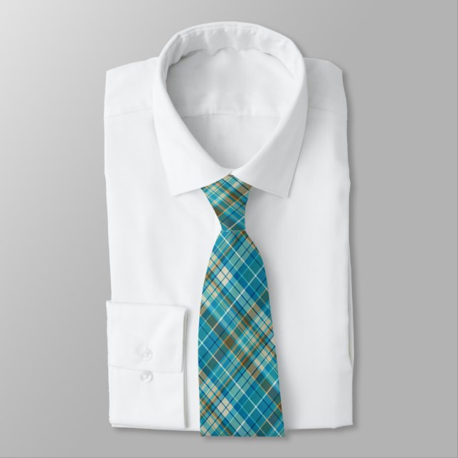 Blue, Brown & Cream Plaid  Neck Tie (Tied)