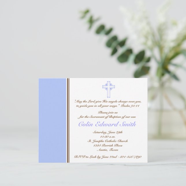 Blue & Brown Cross Baptism Christening Invitation (Standing Front)