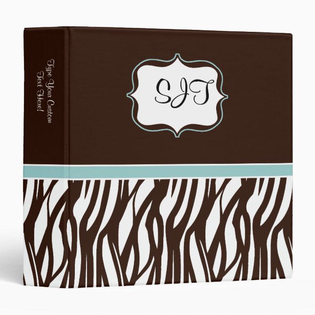 Blue Brown Cute Zebra Print Custom Binder (Front/Spine)