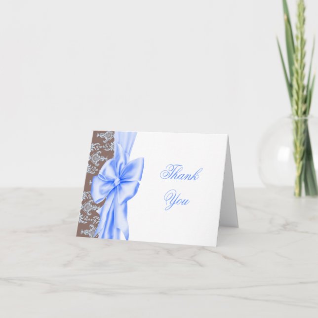 Blue Brown Damask Baby Boy Thank You Cards (Front)