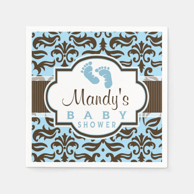 Blue & Brown Damask Baby Shower Napkins (Front)