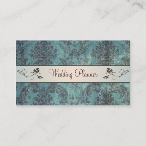 Blue brown damask Wedding Planner Business Card