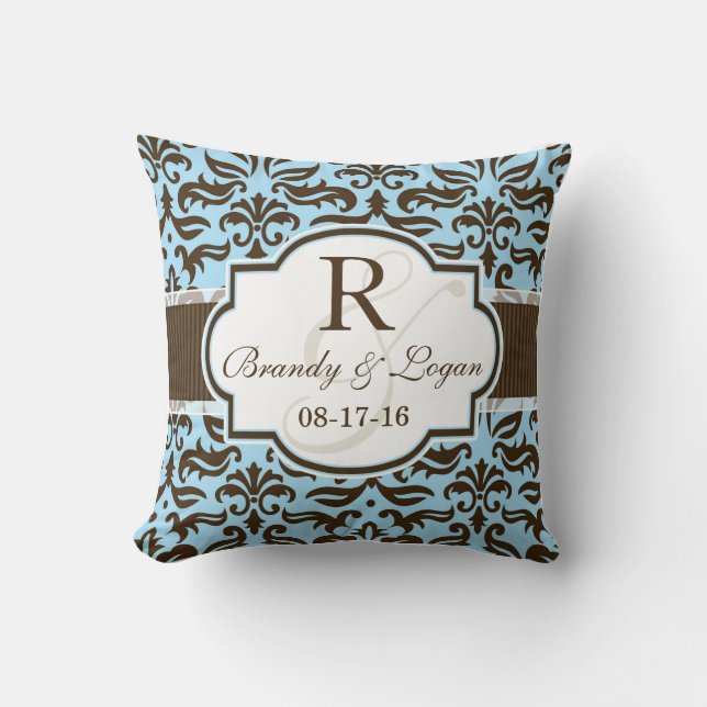 Blue & Brown Damask Wedding Throw Pillow (Front)