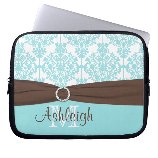 Blue Brown Damask with FAUX Ribbon Laptop Sleeve (Front)