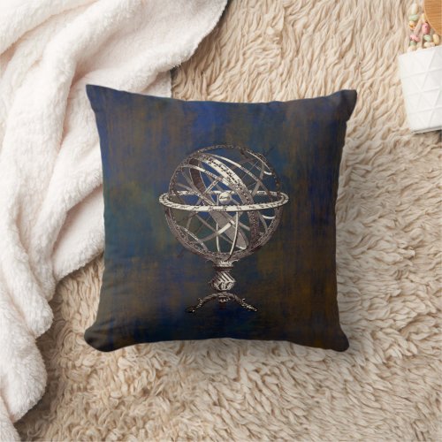 Blue brown dbl_sided loft steampunk globe custom throw pillow