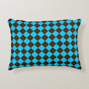 Blue Brown Diamond Checker Pattern Accent Pillow