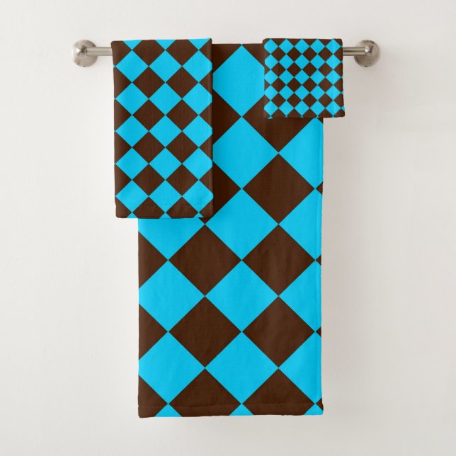 Blue Brown Diamond Checker Pattern Bath Towel Set (Insitu)