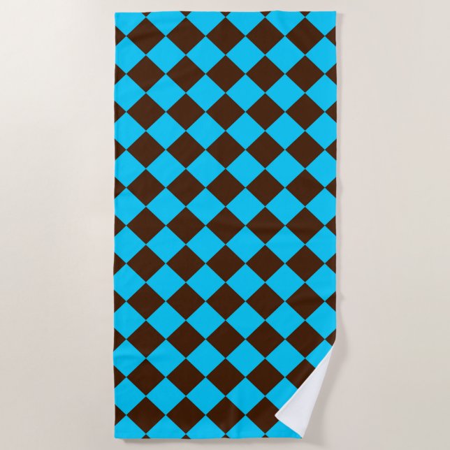 Blue Brown Diamond Checker Pattern Beach Towel (Front)