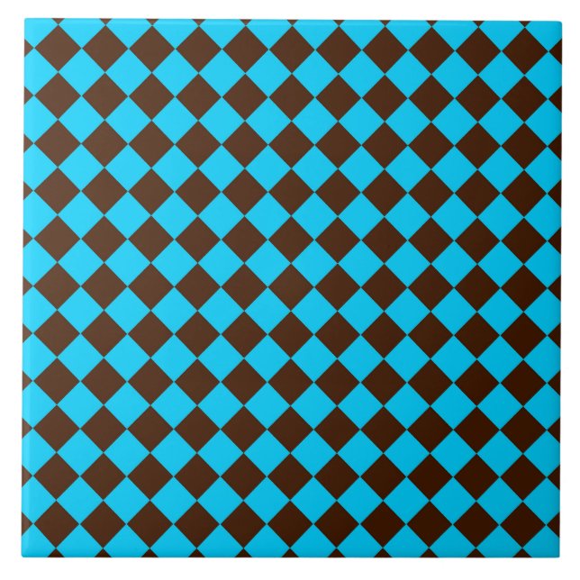 Blue Brown Diamond Checker Pattern Ceramic Tile (Front)