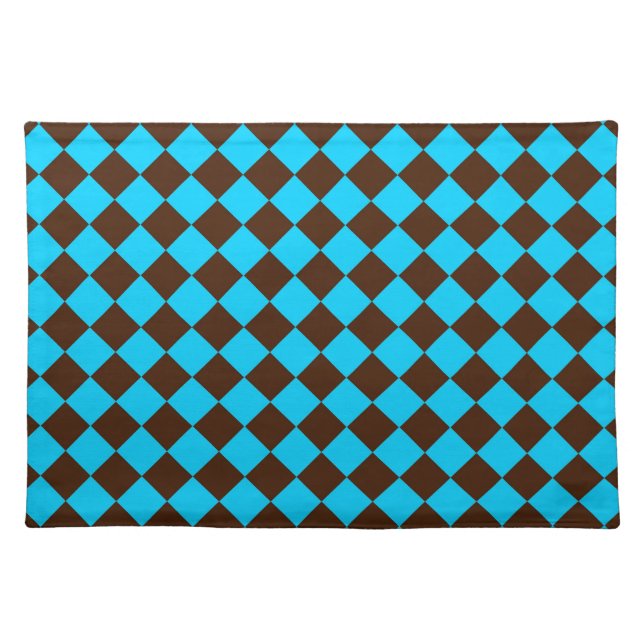Blue Brown Diamond Checker Pattern Cloth Placemat (Front)