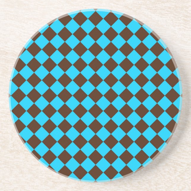 Blue Brown Diamond Checker Pattern Coaster (Front)
