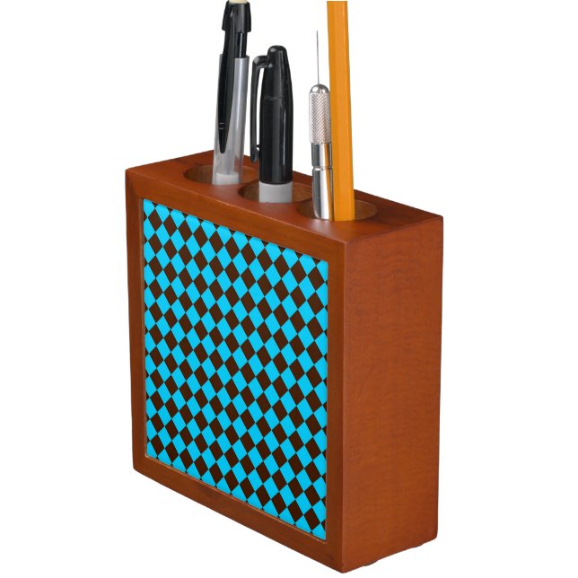 Blue Brown Diamond Checker Pattern Desk Organizer (In Situ)
