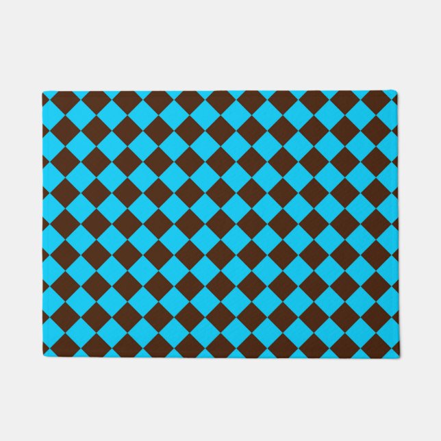 Blue Brown Diamond Checker Pattern Doormat (Front)