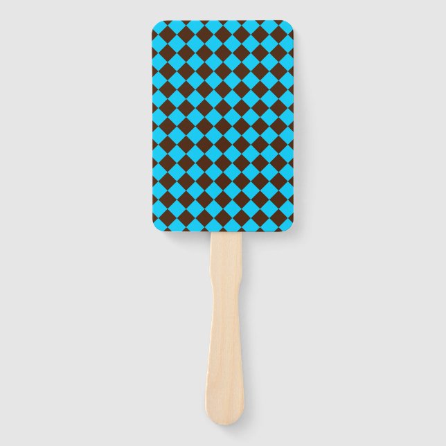 Blue Brown Diamond Checker Pattern Hand Fan (Front)