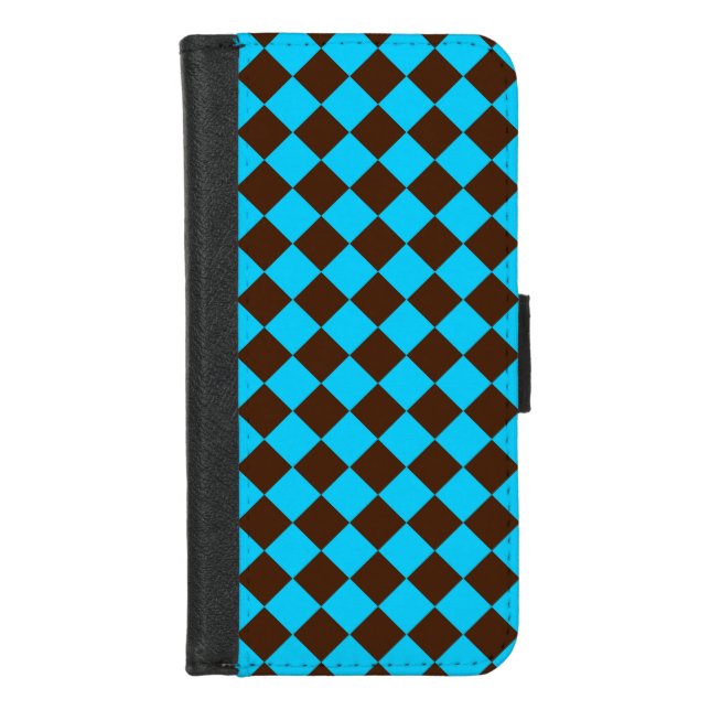 Blue Brown Diamond Checker Pattern iPhone Wallet Case (Front)