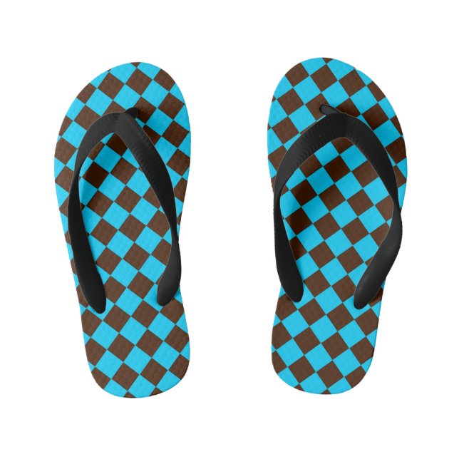Blue Brown Diamond Checker Pattern Kid's Flip Flops (Footbed)