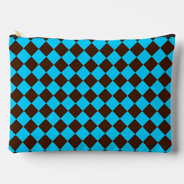 Blue Brown Diamond Checker Pattern Large Accessory Pouch (Front)