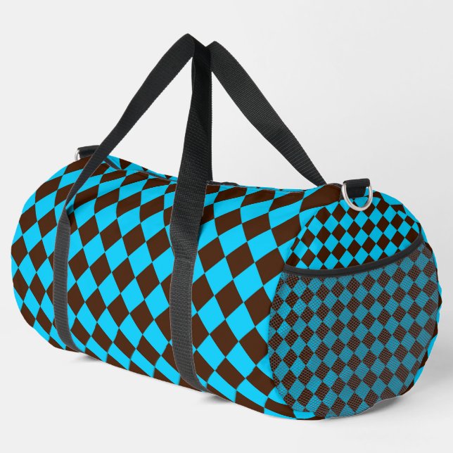 Blue Brown Diamond Checker Pattern Large	 Duffle Bag (Right Corner)