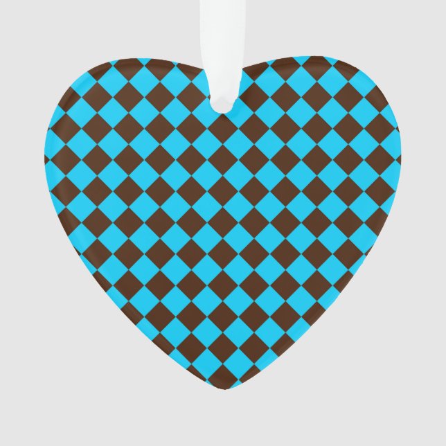 Blue Brown Diamond Checker Pattern Ornament (Front)