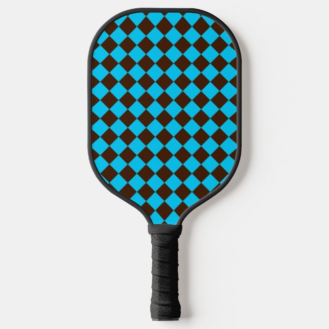 Blue Brown Diamond Checker Pattern Pickleball Paddle (Front)