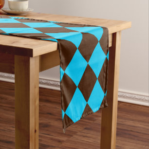 Blue Brown Diamond Checker Pattern Short Table Runner