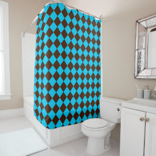 Blue Brown Diamond Checker Pattern Shower Curtain