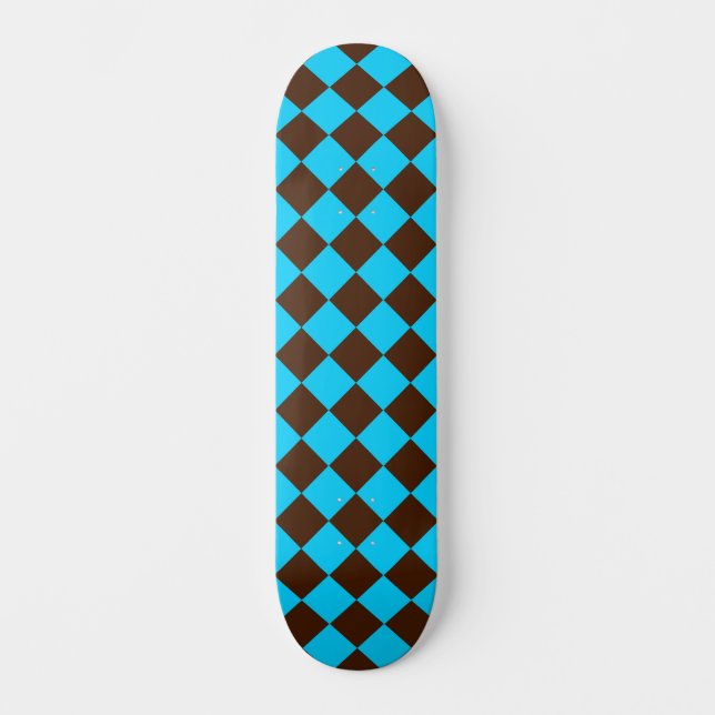 Blue Brown Diamond Checker Pattern Skateboard (Front)