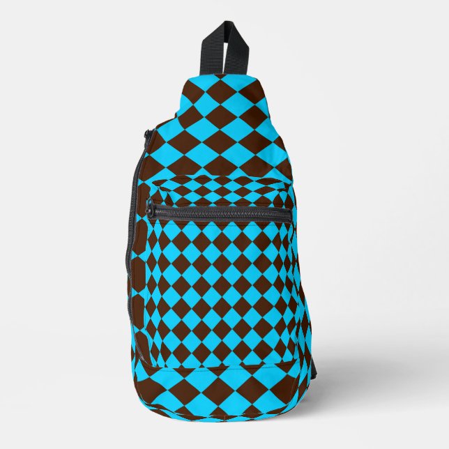 Blue Brown Diamond Checker Pattern Sling Bag (Front)