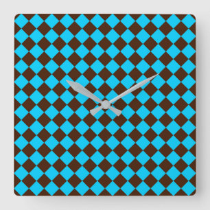 Blue Brown Diamond Checker Pattern Square Wall Clock