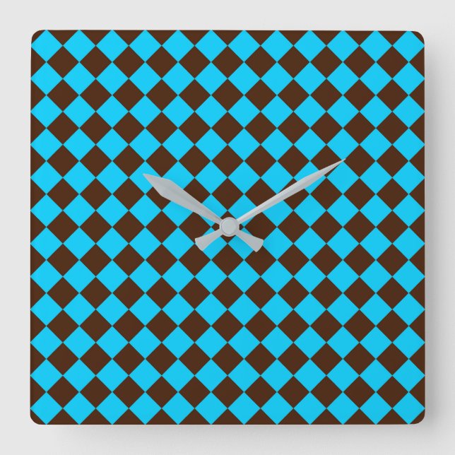 Blue Brown Diamond Checker Pattern Square Wall Clock (Front)