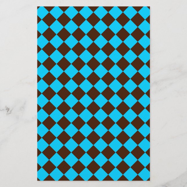 Blue Brown Diamond Checker Pattern Stationery (Front)