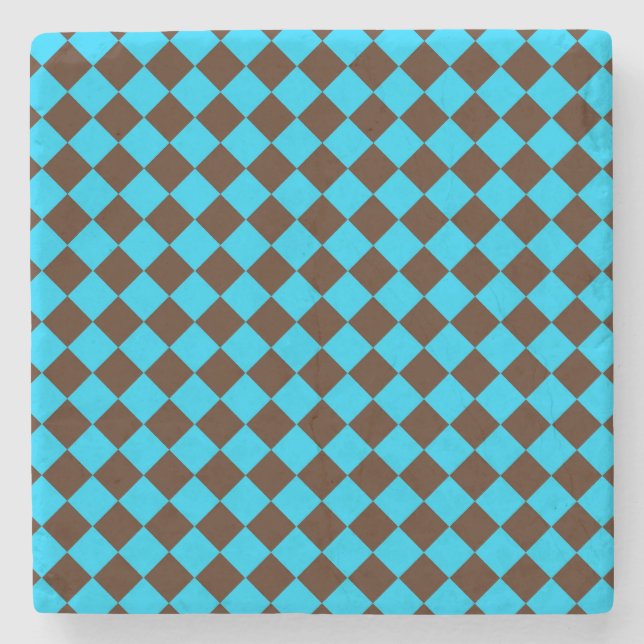 Blue Brown Diamond Checker Pattern Stone Coaster (Front)