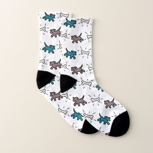 Blue Brown Dogs Bones Graffiti Style Socks