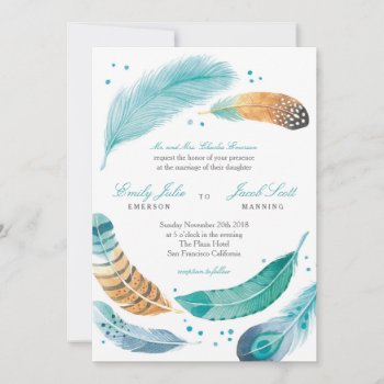 Blue & Brown Feather Wedding Invitation by fourwetfeet at Zazzle