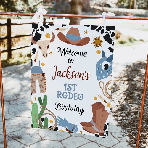 Blue Brown First Rodeo 1st Birthday Welcome Sign