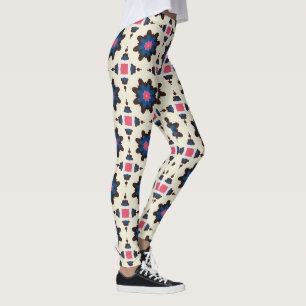 Blue Brown Floral Geometric Pattern Leggings