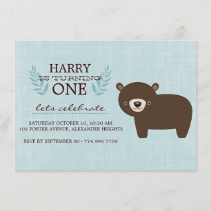 Blue & Brown Forest Bear Boys Birthday Invite