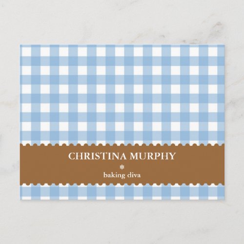 Blue brown gingham lined custom name recipe card